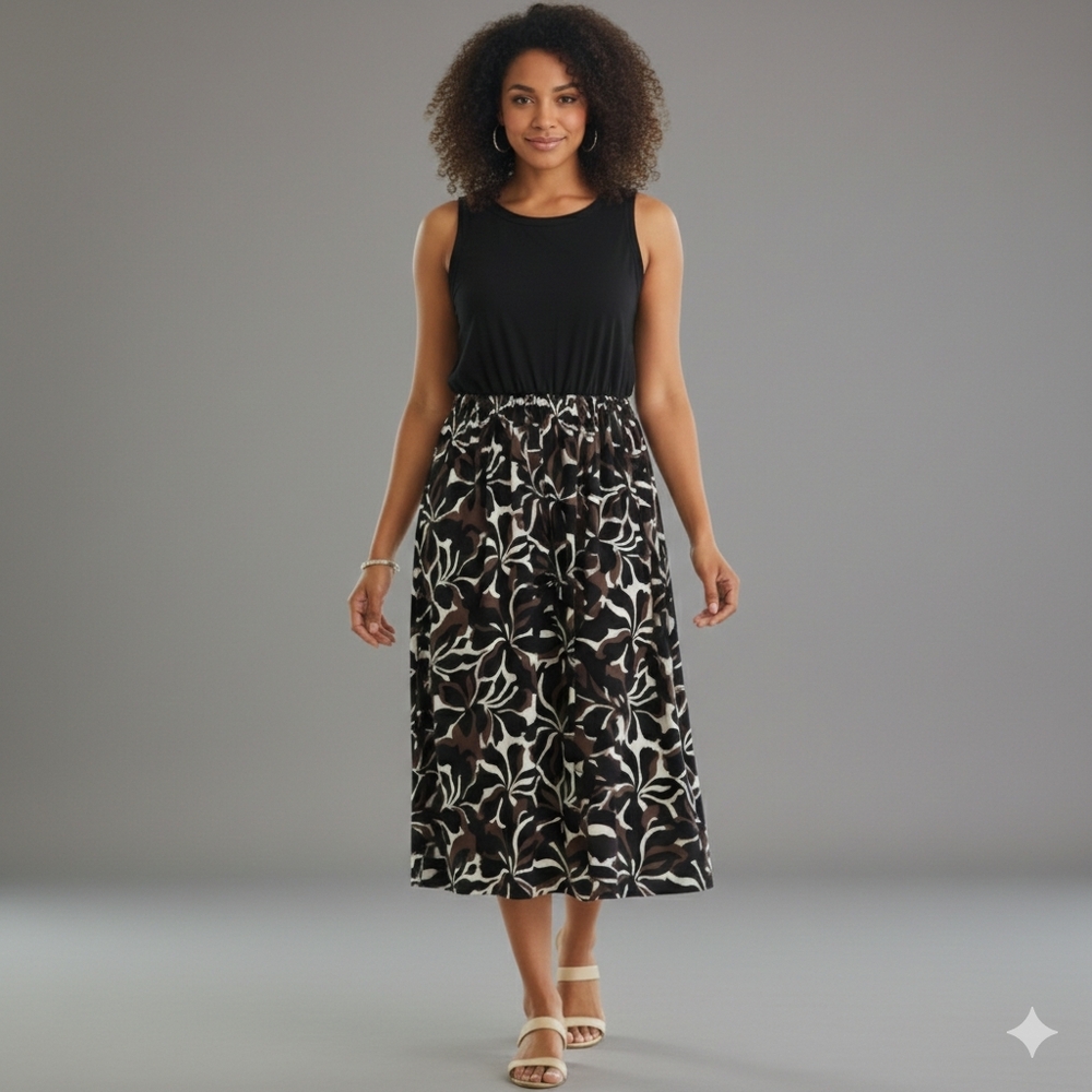 Fred David Floral Midi Dress Size XL Black & Neutral Print